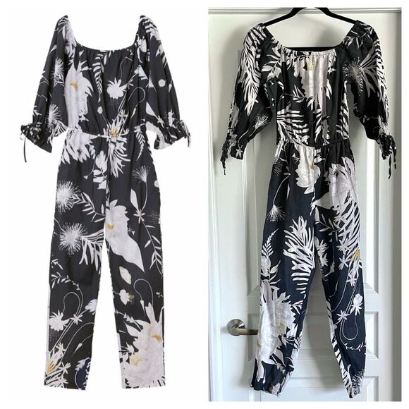 Anna Glover x H & M Floral Bee Print Linen Blend Jumpsuit Black White Size 6 - Picture 3 of 12